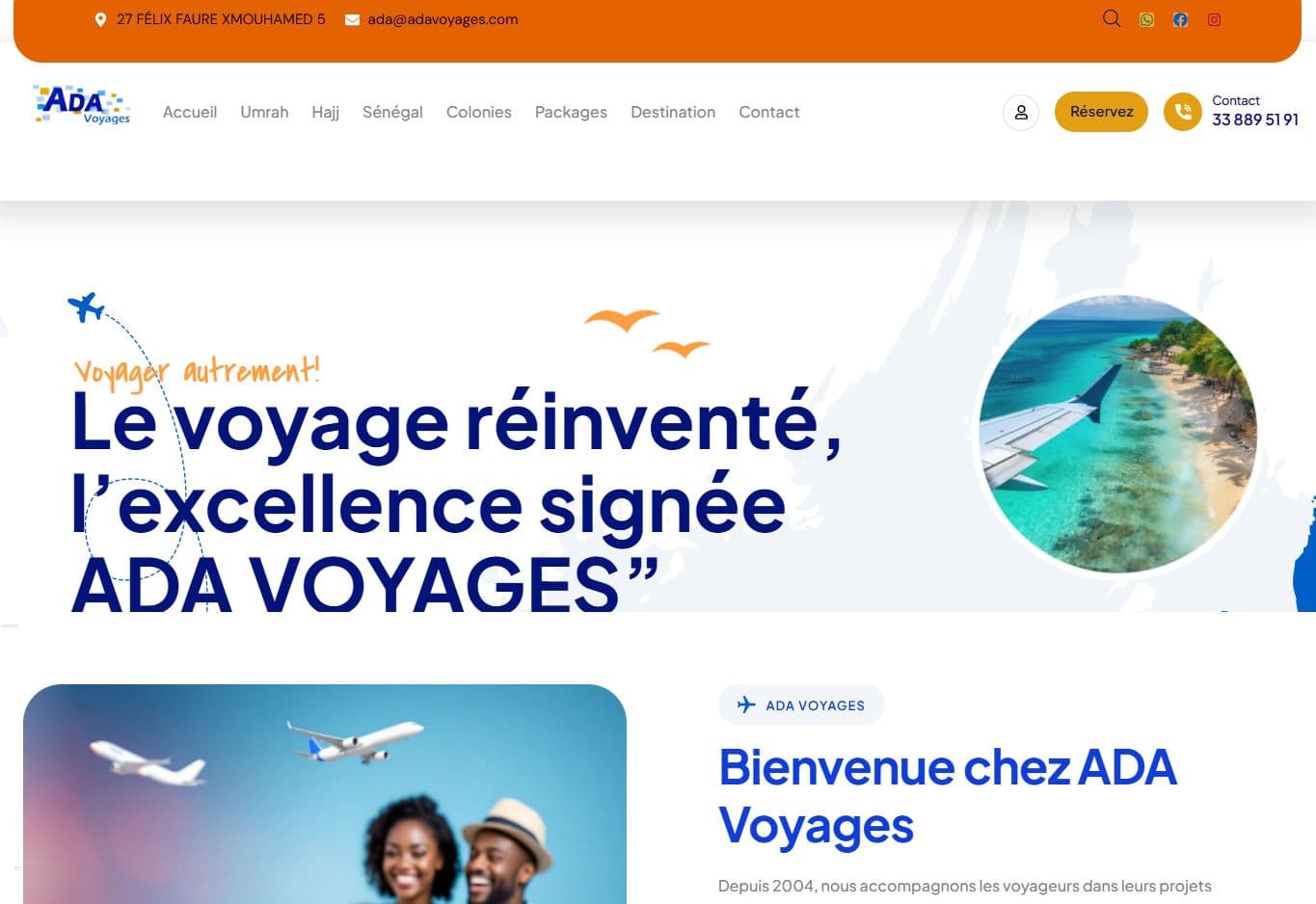 Aperçu du site ADA Voyages — Tourisme · Agence de voyage