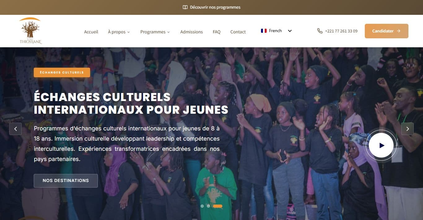 Aperçu du site Sunu Thiossane — Éducation · Programmes jeunesse